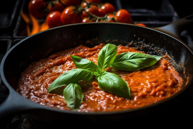 Foto un primo piano di salsa di pomodoro con basilico fresco