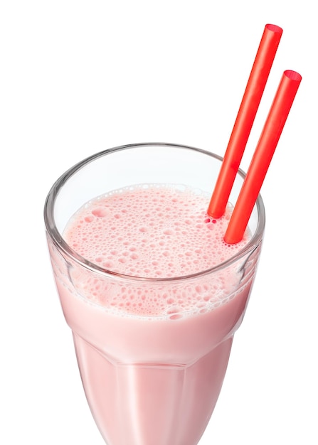 closeup top of strawberry milkshake in glass isolated on white background