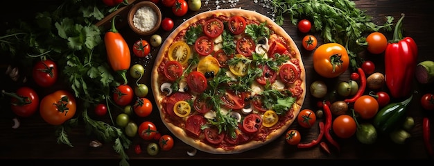 周りに野菜を添えたおいしい古典的なイタリアのピザのクローズアップ上面食品写真