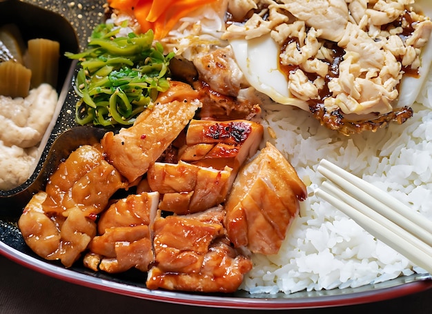 Closeup top view of ingredients Meat grilled Pork Chicken and rice Japanese food