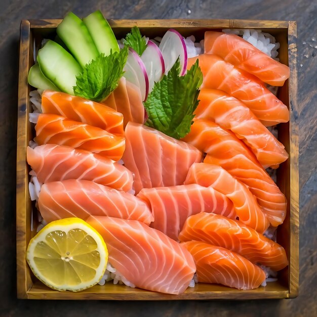 Photo closeup top view of ingredients sashimi set salmon tuna japanese food