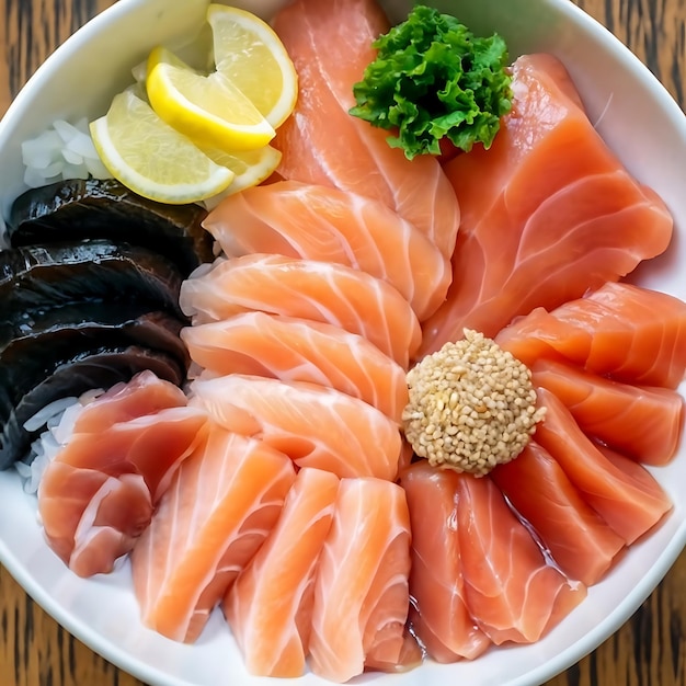 Photo closeup top view of ingredients sashimi set salmon tuna japanese food
