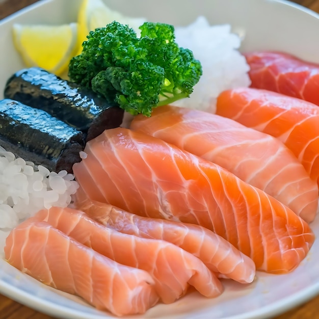 Photo closeup top view of ingredients sashimi set salmon tuna japanese food