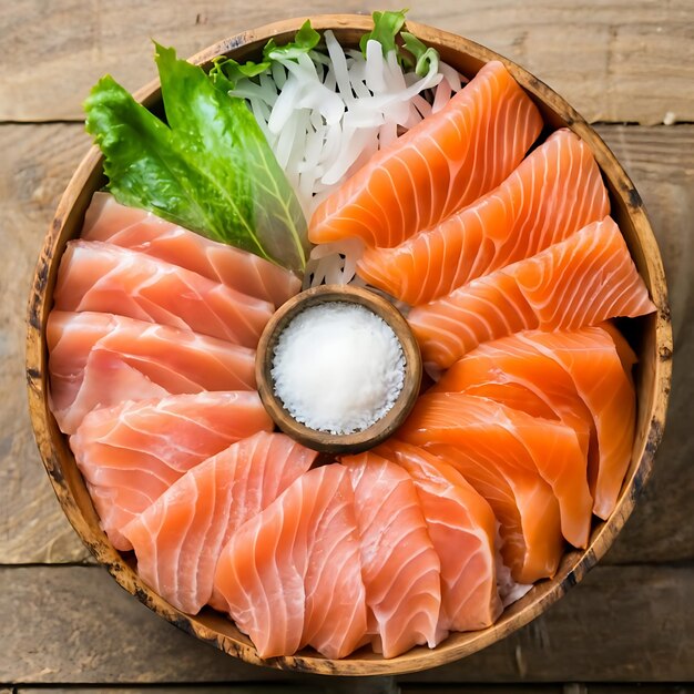 Photo closeup top view of ingredients sashimi set salmon tuna japanese food