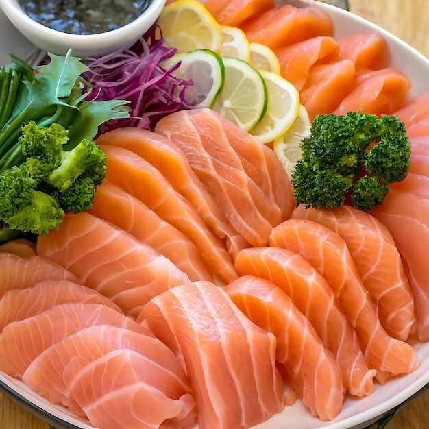 Closeup top view of ingredients Sashimi SET Salmon Tuna Japanese food