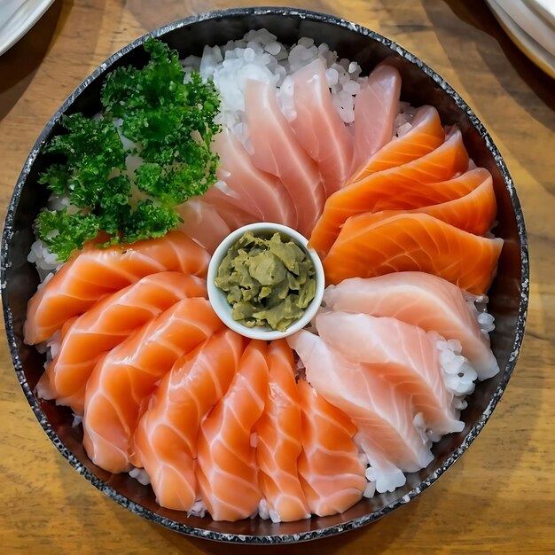 Foto visto da vicino gli ingredienti sashimi set salmone tonno cibo giapponese