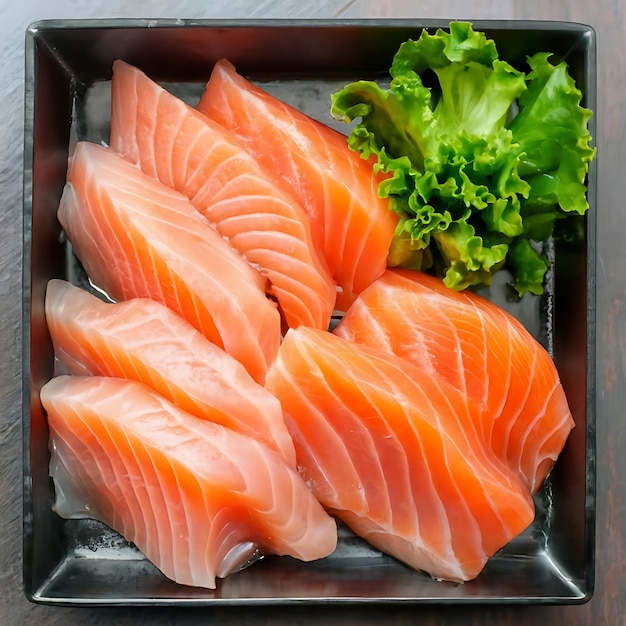 Photo closeup top view of ingredients sashimi set salmon tuna japanese food