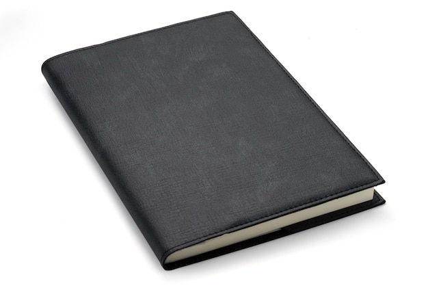 Closeup of top view leather black notebook on white background.Isolated with clipping path photo.