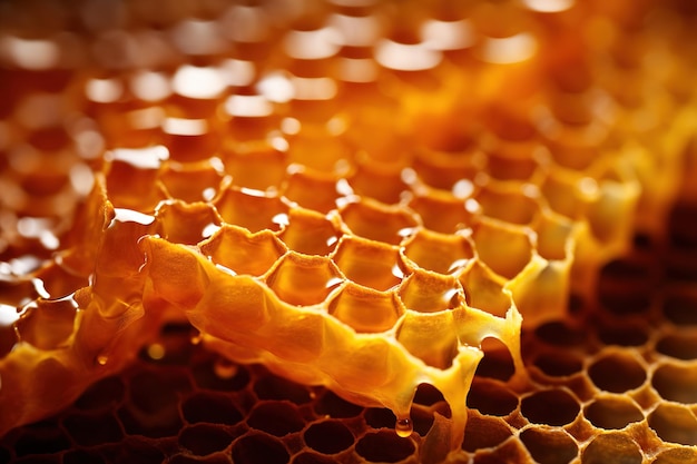 Closeup top view natural honey bee products honeycomb background