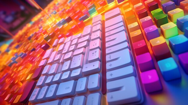 Closeup top view of a stylish gaming keyboard with colorful backlit keys