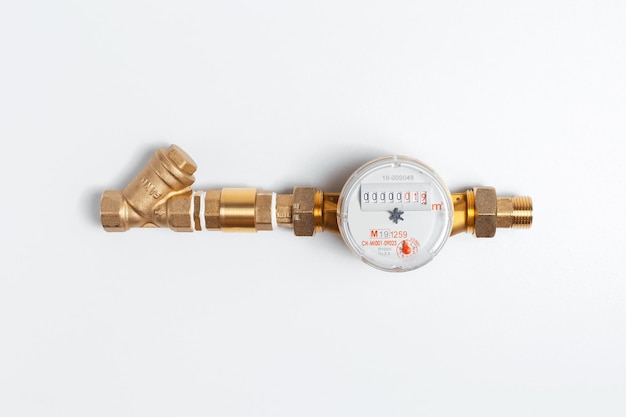 Photo closeup top view of water meter for hot water isolated on white background