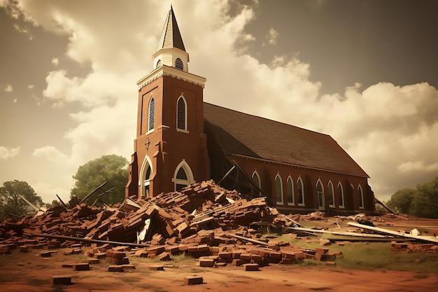 Близкий снимок церкви или места поклонения, поврежденного торнадом