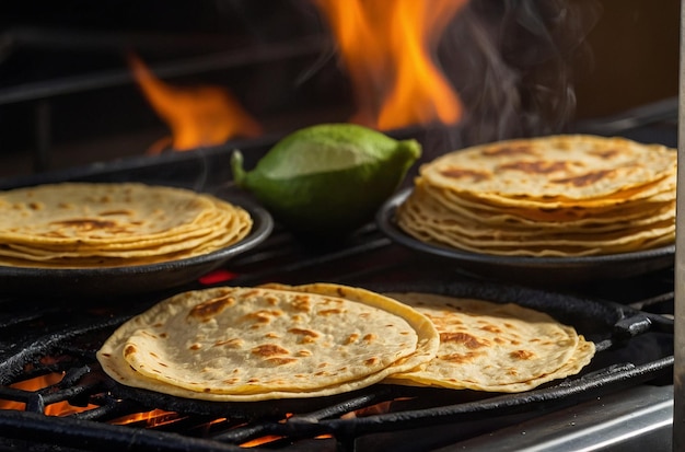 Closeup of tortillas being warmed on a griddle