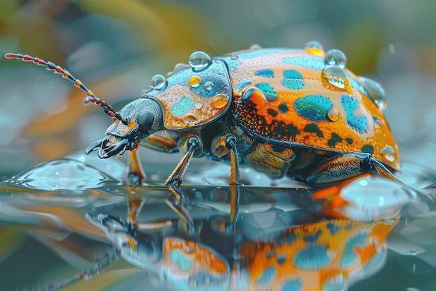 Photo a closeup of a tortoise shell beetle its transparent edges reflecting the colors of the environmen