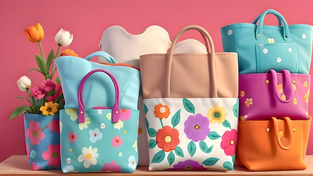 Closeup of Tote Bags with Vibrant Floral Designs