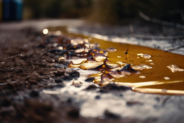 Closeup of toxic spill with droplets creeping across the ground created with generative ai