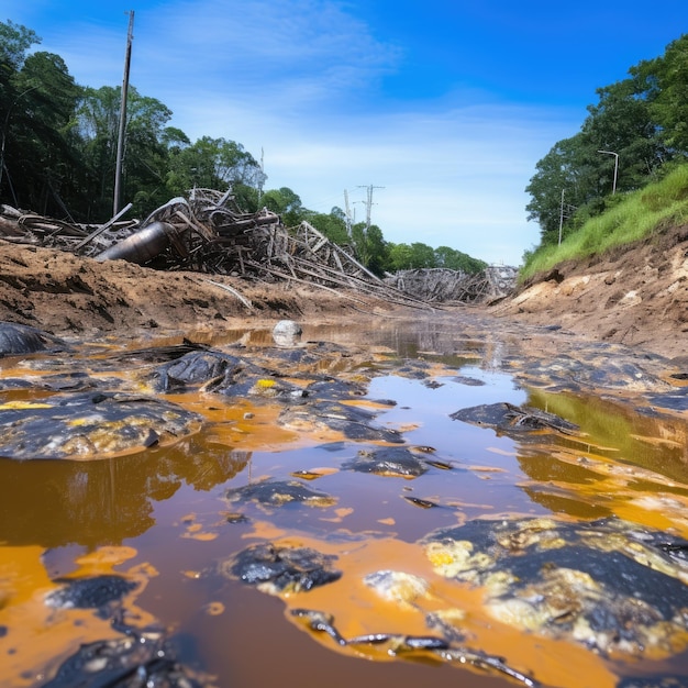 Closeup of a toxic waste spill in a river