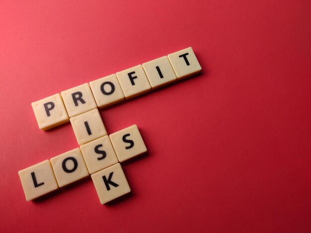 Closeup toys letters with the word PROFIT RISK LOSS