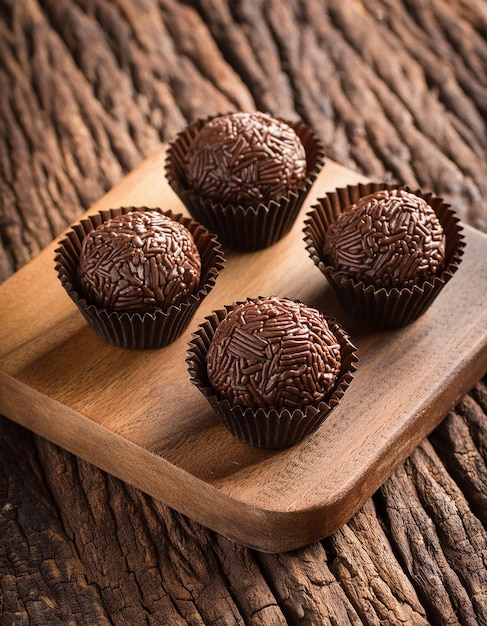 Foto close-up del tradizionale dessert brasiliano brigadeiro su un tavolo di legno.