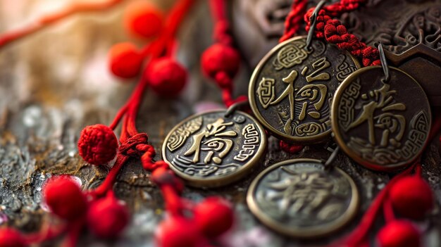 A closeup of traditional Chinese coins symbolizing prosperity during the Lunar New Year hd prospe