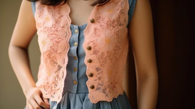 Closeup of a traditional denim vest layered over a delicate peach fuzzcolored lace top for a