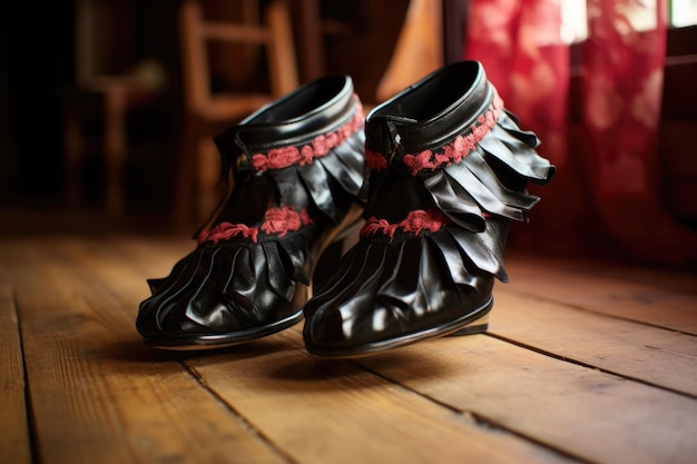 Closeup of traditional flamenco shoes tapping on wooden floor