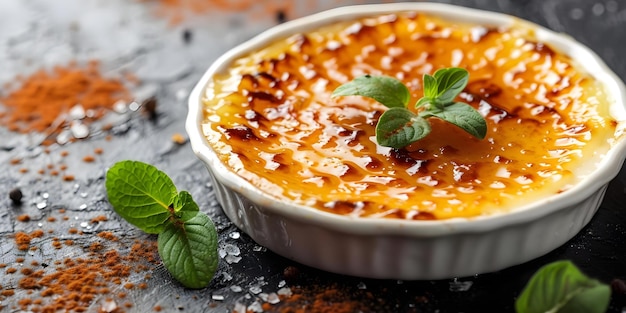 フランスの伝統的なデザートクリーム・ブルーリー (Creme Brulee) はカラメライズされた砂糖のトッピングで作られています コンセプト フランス料理 クリーム・ブルリー デザート 写真 食品 スタイリング 甘いお子