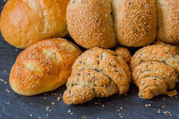 Closeup traditional homemade bakery bread with sesame