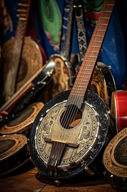 Photo a closeup of traditional irish musical instruments