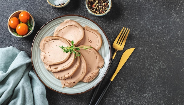 Closeup of traditional Italian vitello tonnato in plate Tasty food Delicious meal Dark background