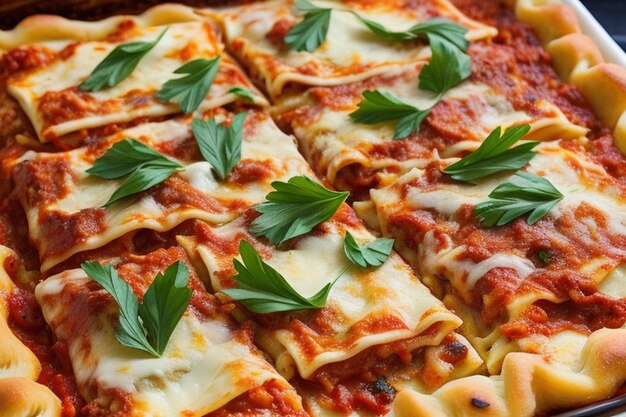 Photo closeup of a traditional lasagna made with garlic bread