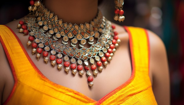 a closeup of traditional Maharashtrian jewelry worn during Gudi Padwa