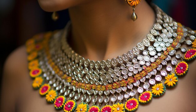 a closeup of traditional Maharashtrian jewelry worn during Gudi Padwa