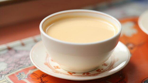 Closeup of traditional milk tea in a bright ceramic cup