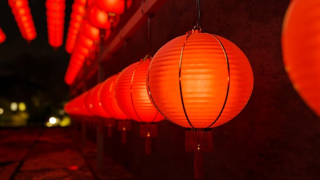 Closeup Traditional red Chinese lanterns hanging on the ceiling background