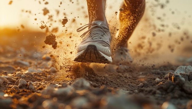 Closeup of trail running shoes in action kicking up dust