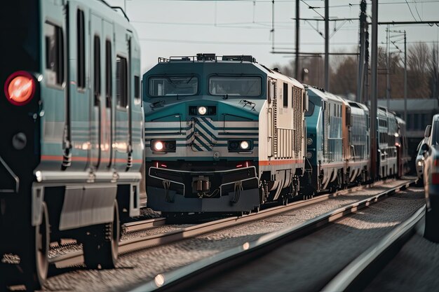 Closeup of train crossing with cars waiting in the background