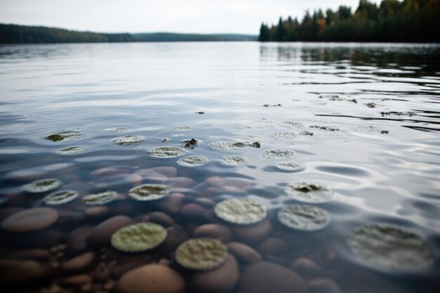 Closeup of tranquil lake with droplets of water forming on the surface created with generative ai