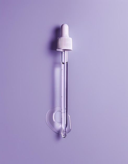 Photo closeup of a transparent pipette dispensing liquid against a bright purple background highlighting the purity of the liquid