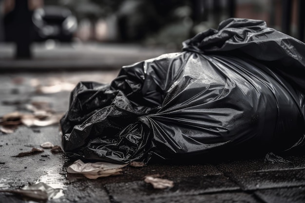 Closeup of trash bag with garbage spilling out onto the ground created with generative ai