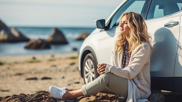 Foto close-up di una donna in viaggio seduta con il cane vicino all'auto sulla spiaggia