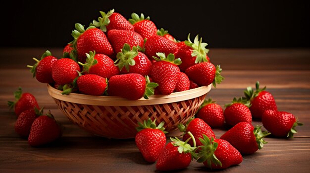 Closeup of trawberries in a basket on a wooden table