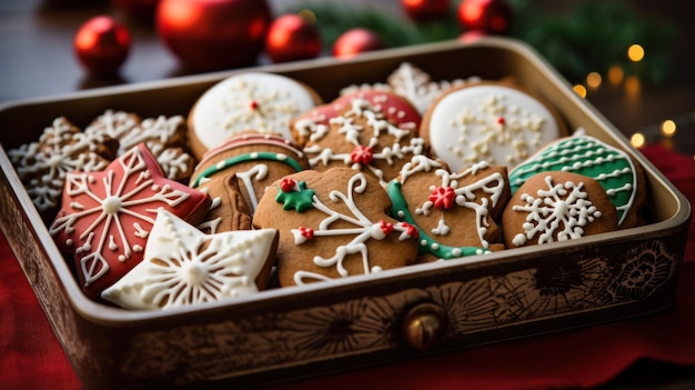 美しく装飾されたクリスマス クッキーのトレイのクローズ アップ