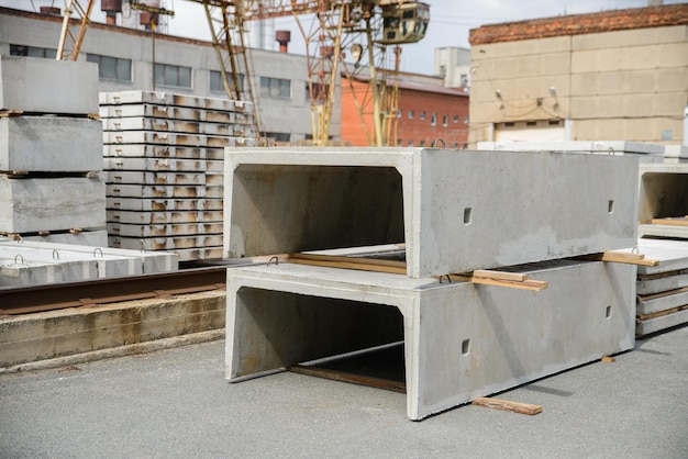 Closeup of tray elements for construction of heat supply networks precast concrete plant warehouse