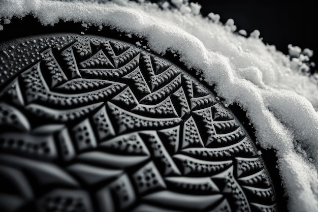 눈과 얼음이 보이는 겨울 타이어의 트레드 패턴 확대
