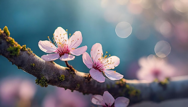 Closeup of tree branch with pink blossoms blue blurred backdrop Beautiful flowers Spring season