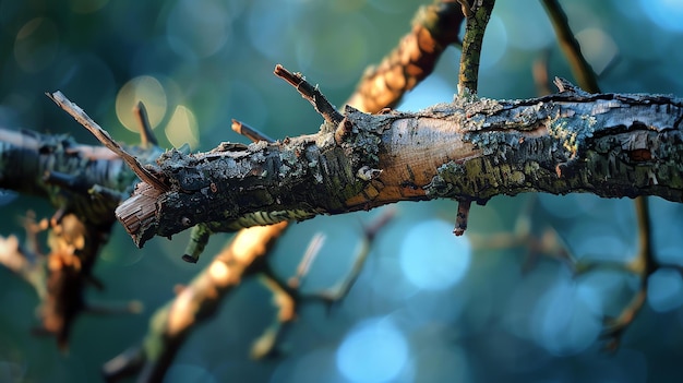 Closeup of a tree branch with a textured bark The branch is brown and has a rough texture