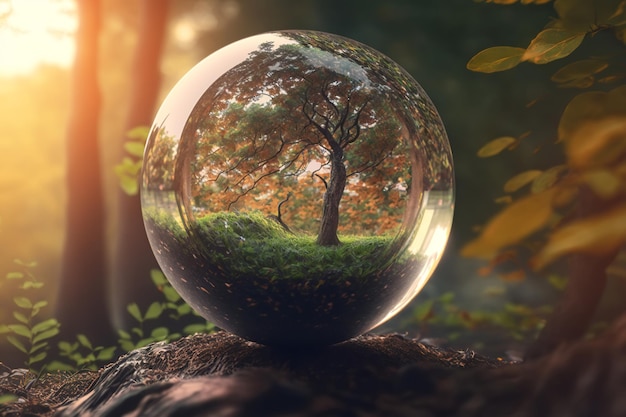 Closeup of tree growing in glass sphere in forest outdoors Eco concept ecological theme Generative AI