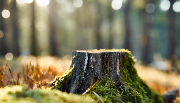 Photo closeup of tree stump with green moss in woodland beautiful forest