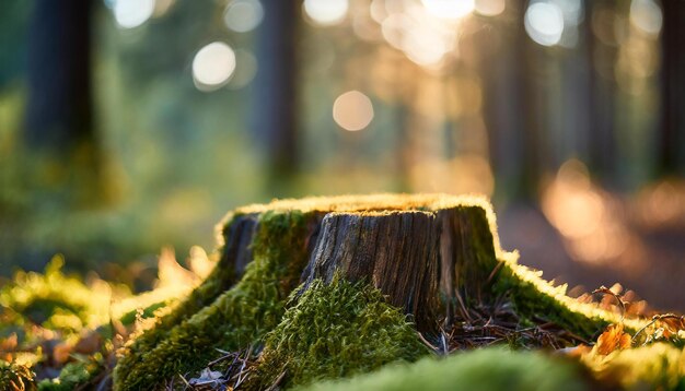 Closeup of tree stump with green moss in woodland Beautiful forest